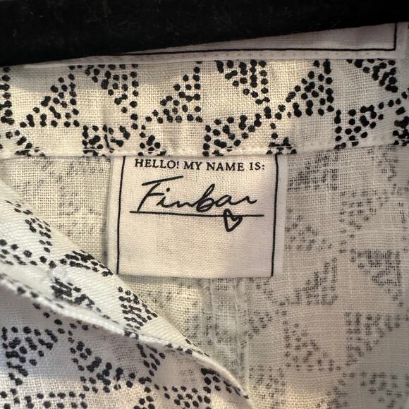 Frank & Eileen Finbar 100% Linen Geometric Button-Up Shirt White Black Sz XL - Picture 3 of 7
